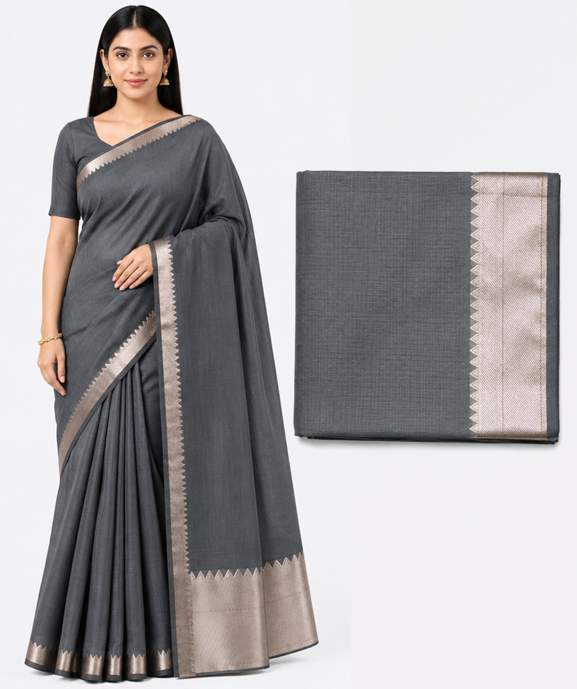 Elegant gray saree with metallic border