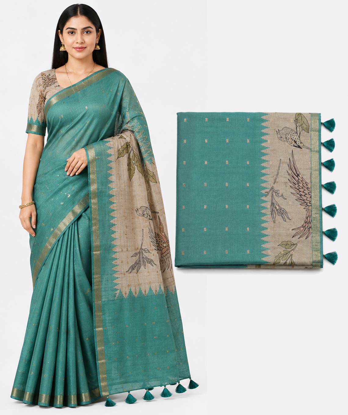 Elegant saree with teal and gold accents