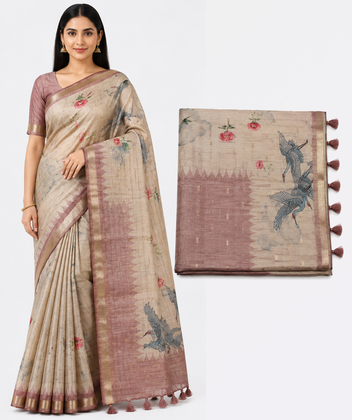 Saree elegance in beige and rose