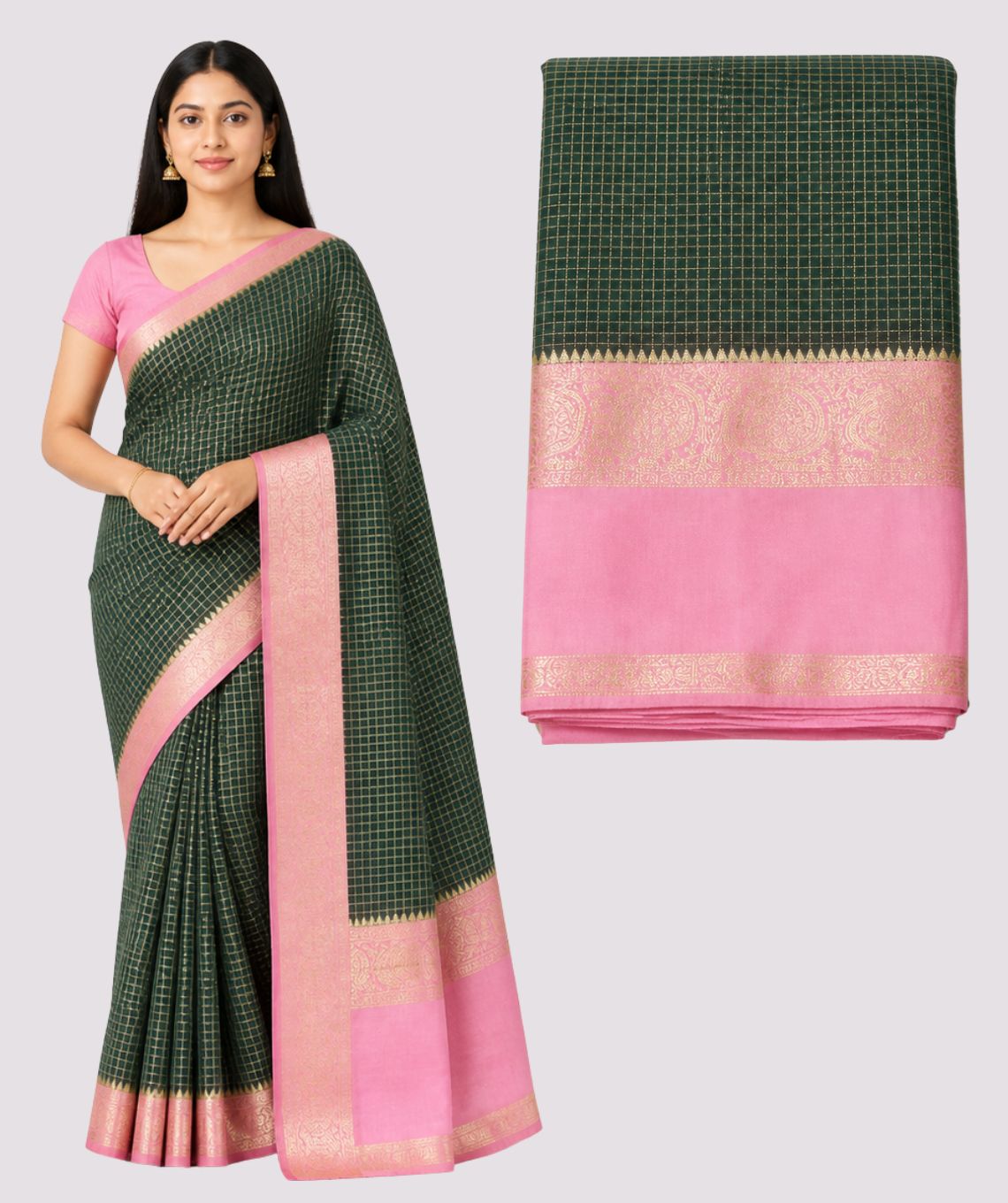 Art Silk Green & Pink Saree