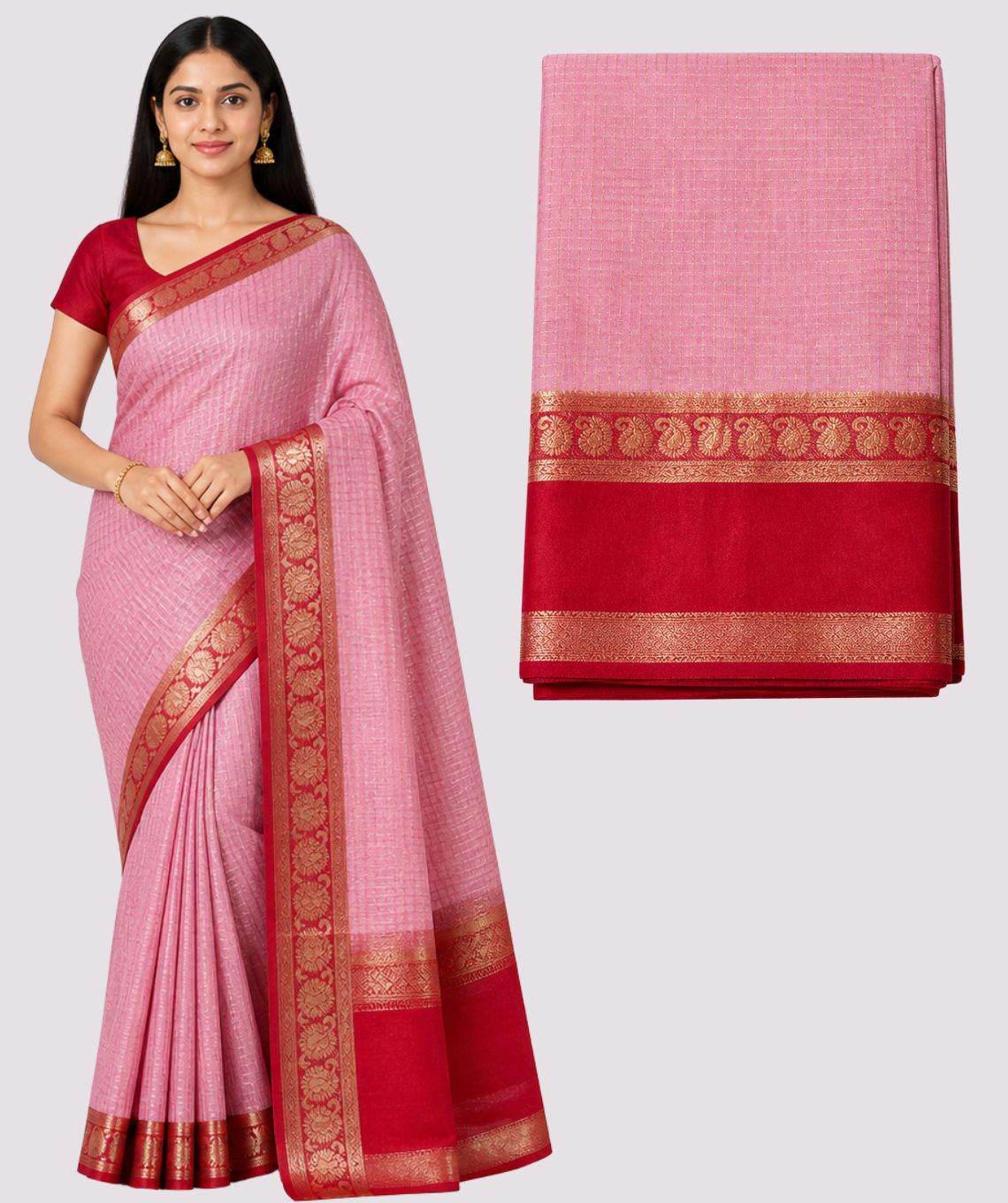 Art Silk Light Pink & Red Saree