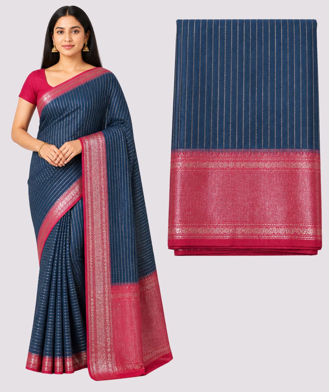 Art Silk Navy Blue & Pink Saree