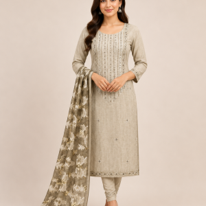 Muted Beige Embroidered Ensemble - Churidar Material