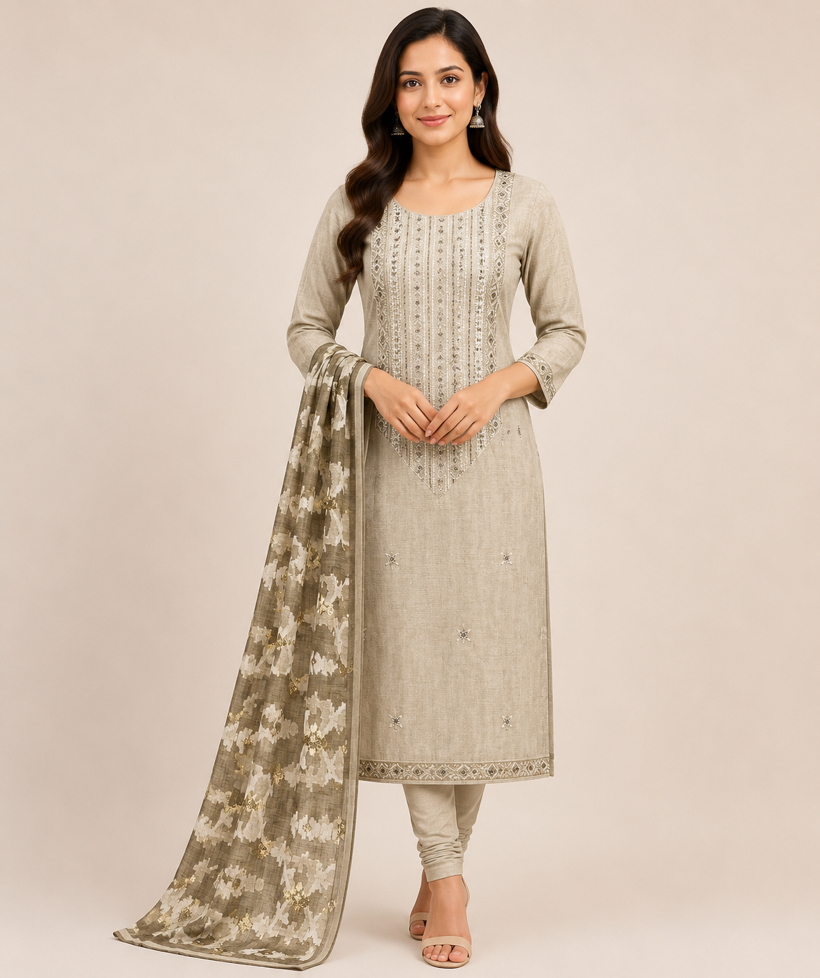Muted Beige Embroidered Ensemble – Churidar Material