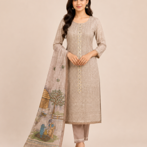 Beige Embroidered with Illustrated Dupatta - Material