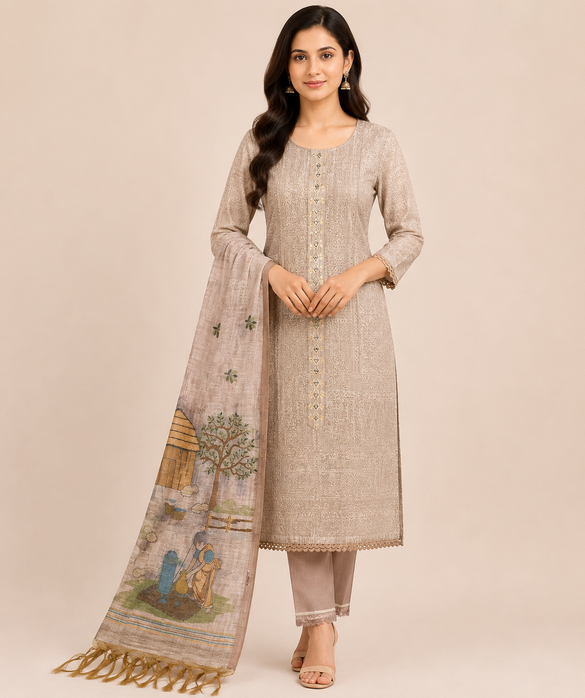 Beige Embroidered with Illustrated Dupatta – Material