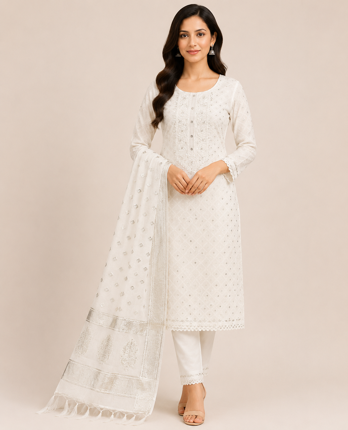 White and Gold Embroidered Ensemble – Material