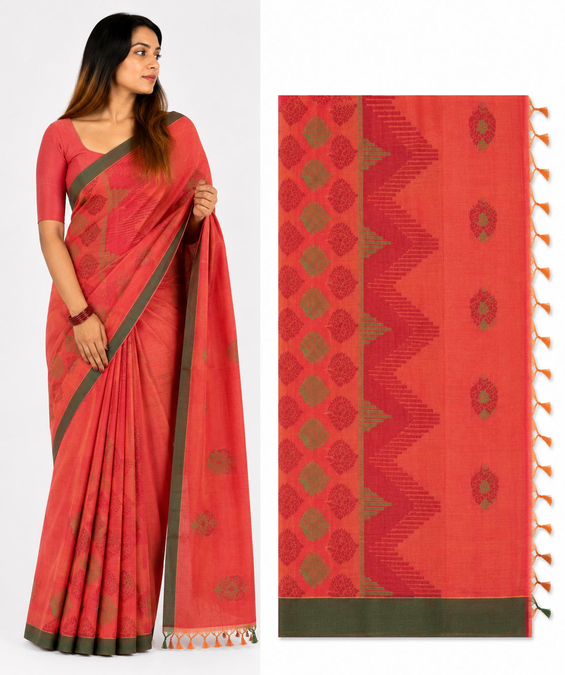 Coral Saree with Green Woven