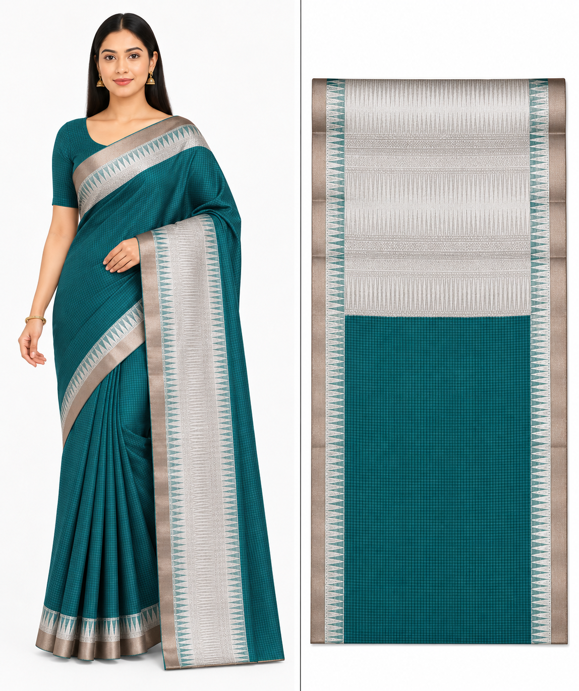 Elegant Teal and Silver ART Saree