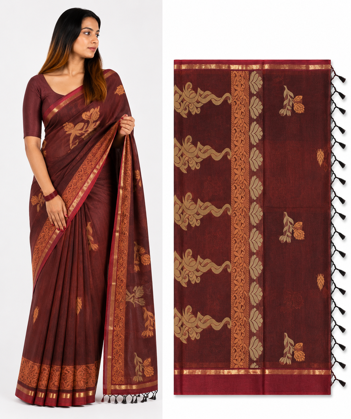 Maroon Gold Floral Saree