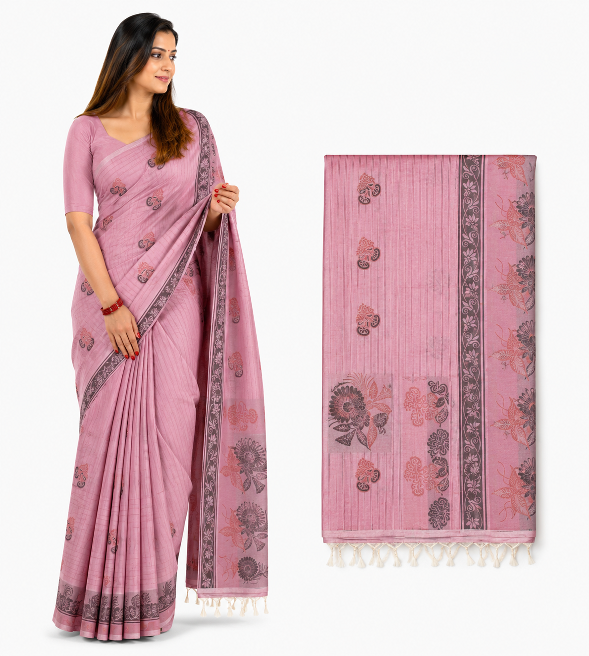 Pink Floral Paisley Saree